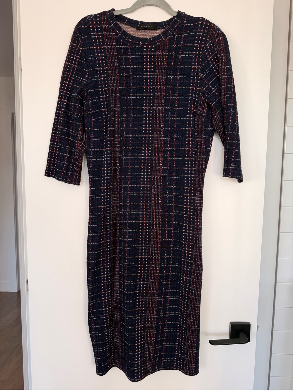 Navy Plaid Long-Sleeve Knit Sheath Dress